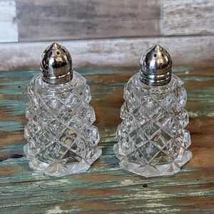 Antique Cut Crystal Salt & Pepper Shakers With Silver Lids